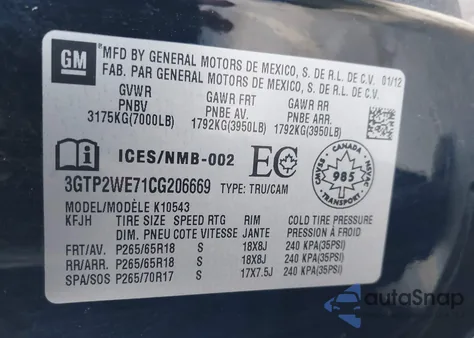 2012 GMC Sierra 1500 Slt from USA, damaged, VIN 3GTP2WE71CG206669